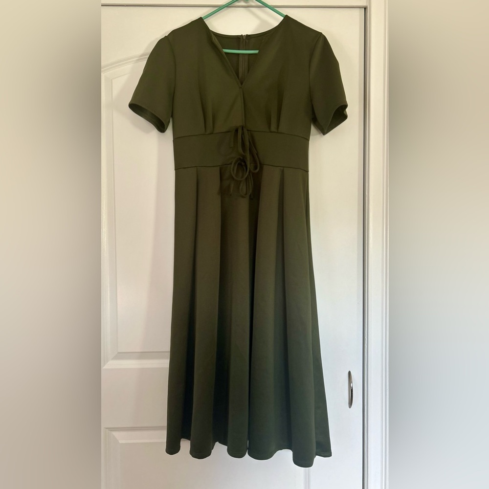 Olive Green Short-Sleeve Fit-and-Flare Dress with Tie Details